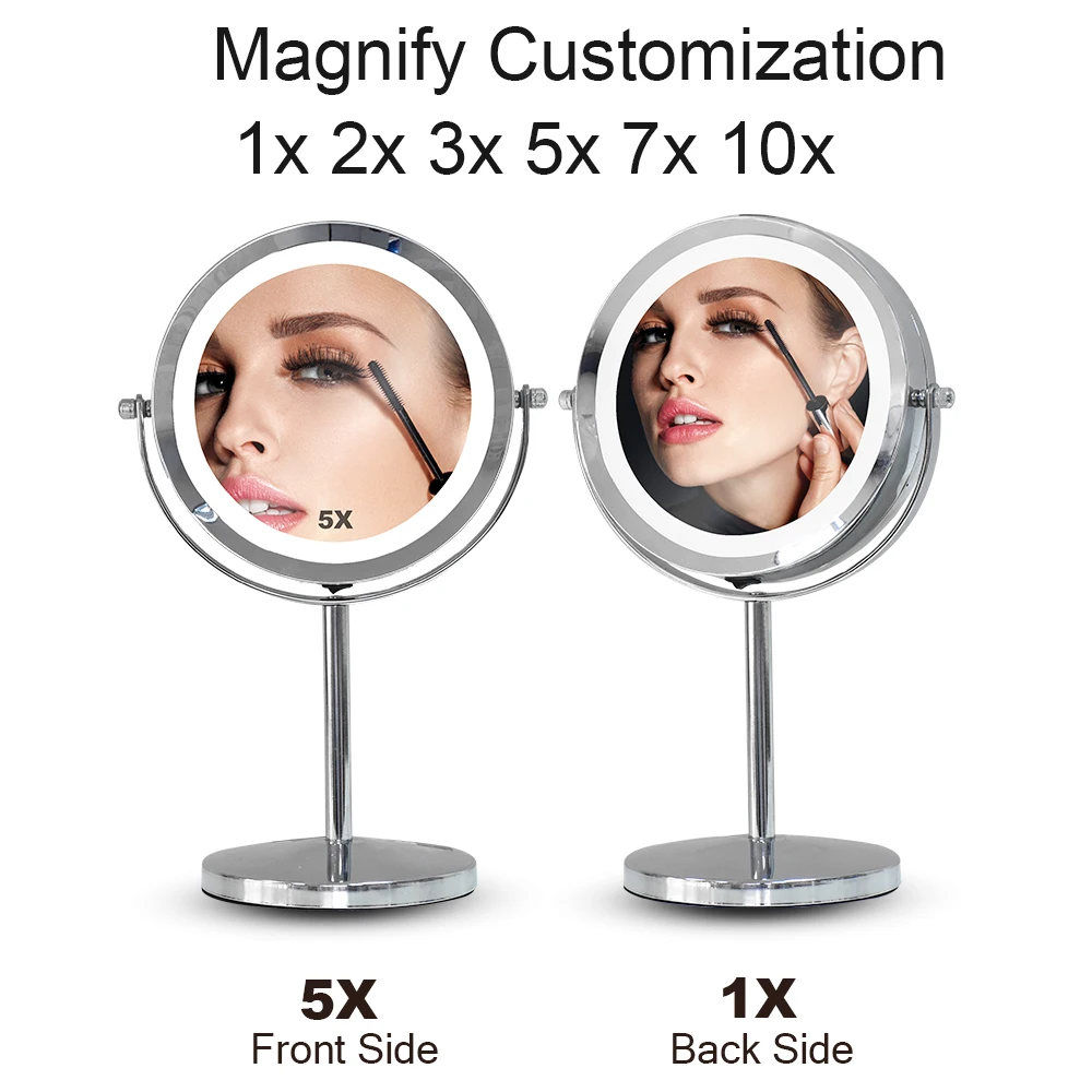 Free Magnifying 2X 3X 5X 7X 10X Standing Desktop led double side makeup mirror with Lights