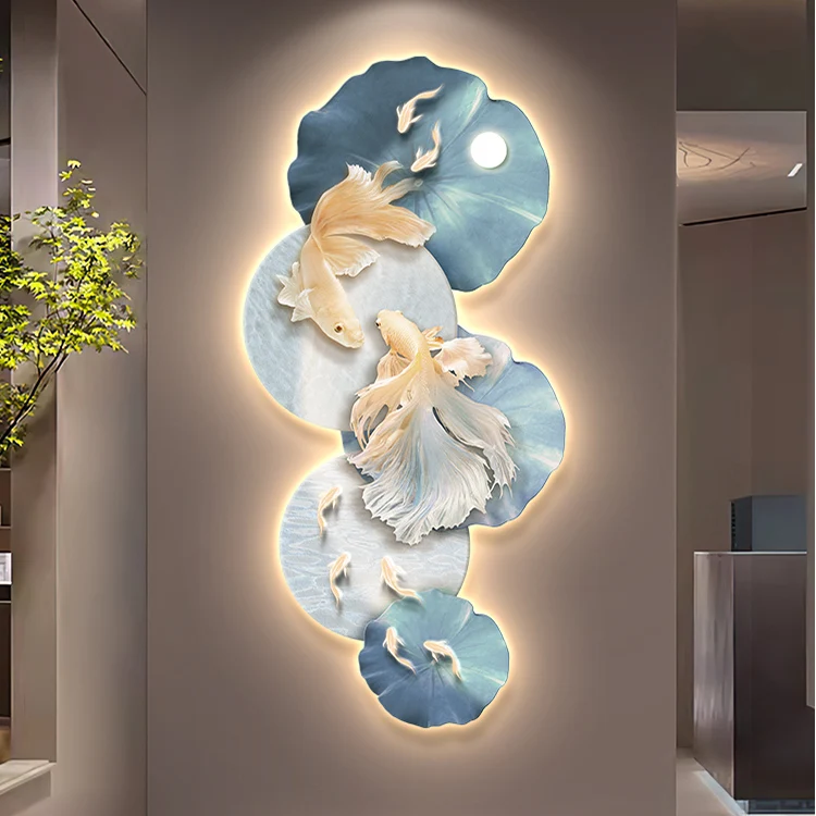 Modern Nine Fish Picture Led Light Painting Background Wall Decoration Wall Art With Led Lights 3D Wall Painting