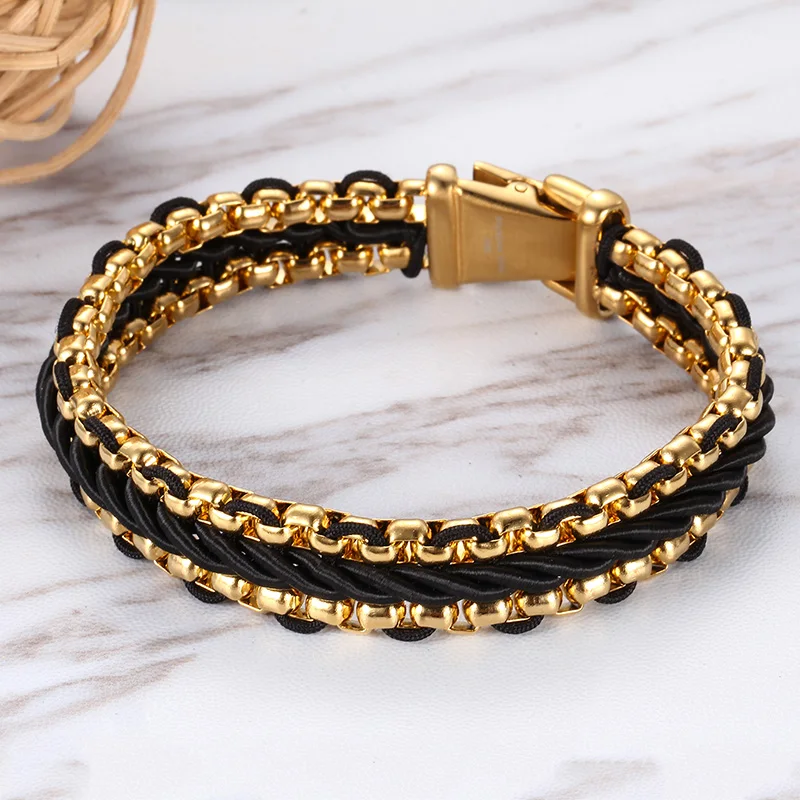 KALEN Fashion Gold Plating Stainless Steel Charm Bangle Leather Bracelet For Men KB76206-BD