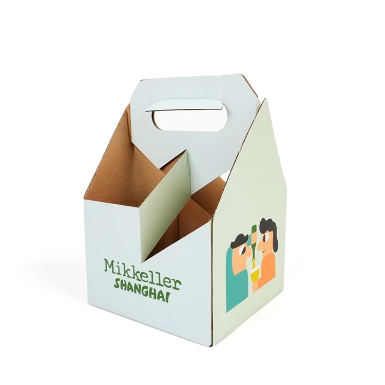 Customized Cardboard Kraft Holder 4 6 Pack Bottle Wine Carrier Box Corrugated Carton Six Packing Beer paper Box with handle