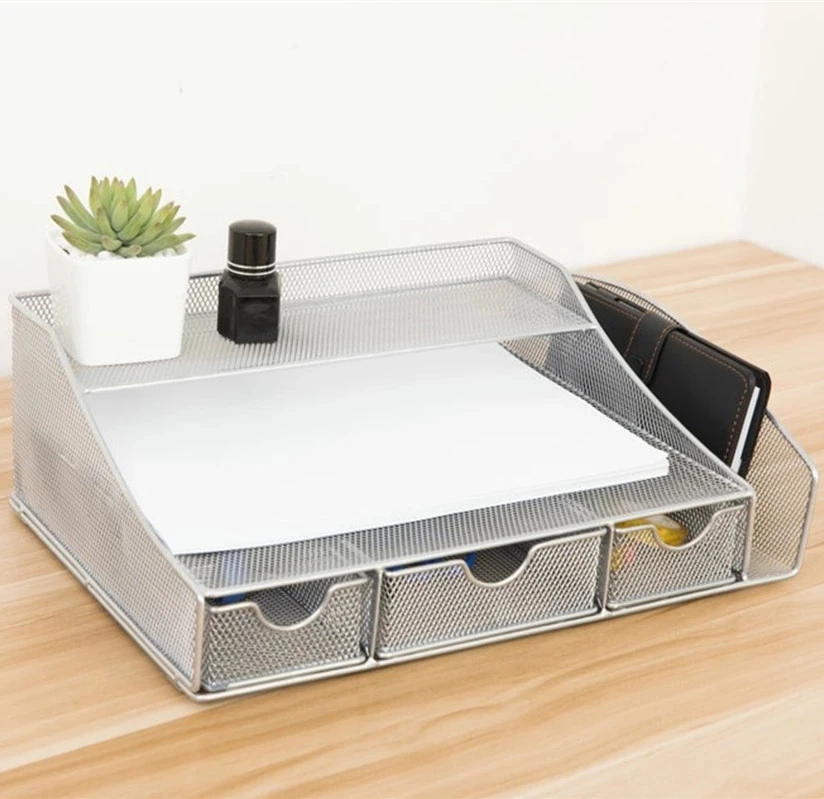  Multi-function Metal Mesh Desk Organizer Stationery Holder with Sliding Drawers Double Tray Side Compartment for Office