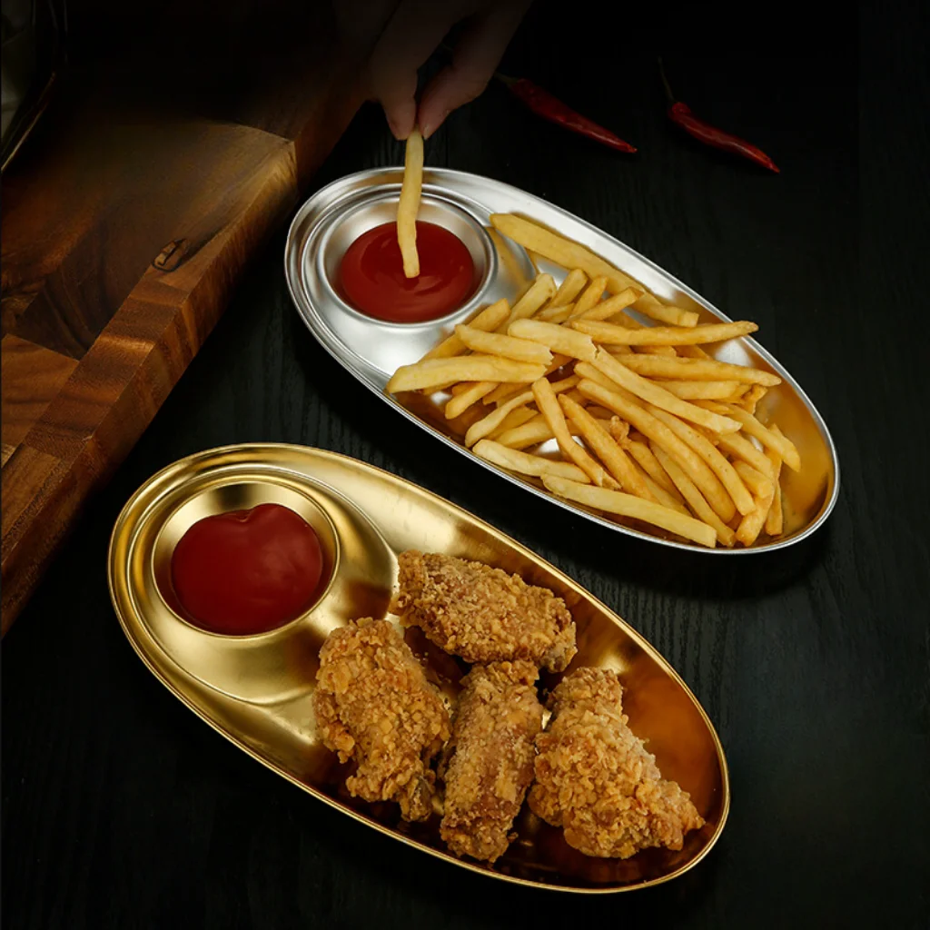 Korean Style Metal Golden Pastry Dishes 304 Stainless Steel Plate Dipping Sauce Tray with Seasoning Grid