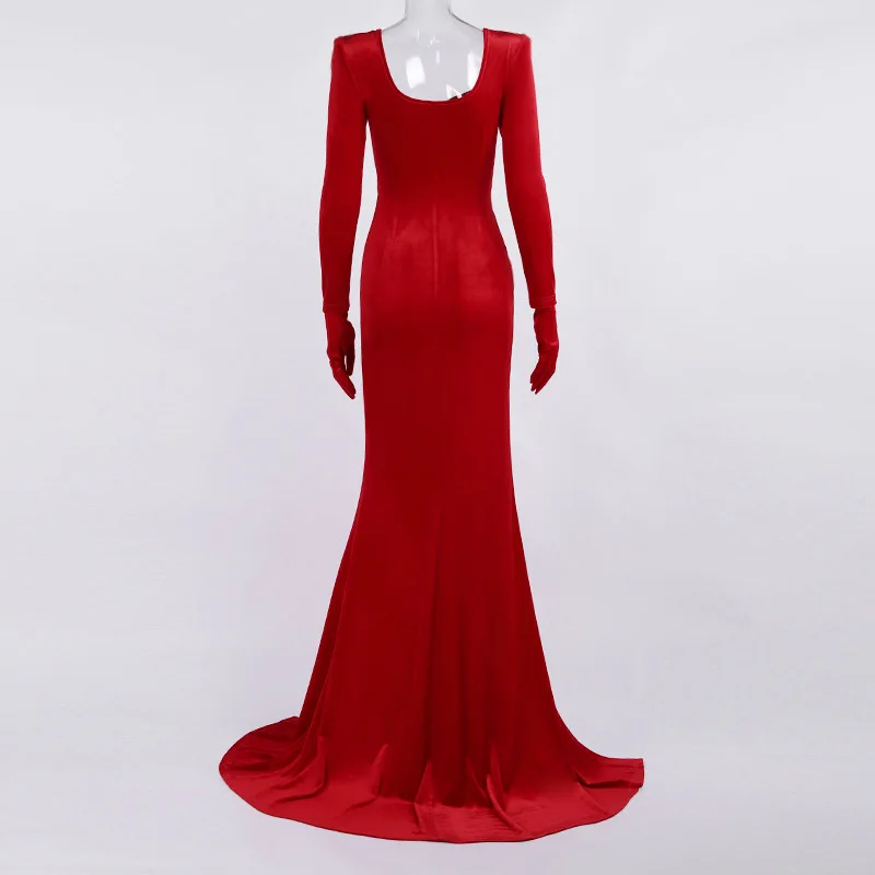 Womens Luxury Evening Dresses Party Wear Velour Ruched Red Gown Long Sleeve Front Slit Shoulder Padded Velvet Sexy Maxi Dress