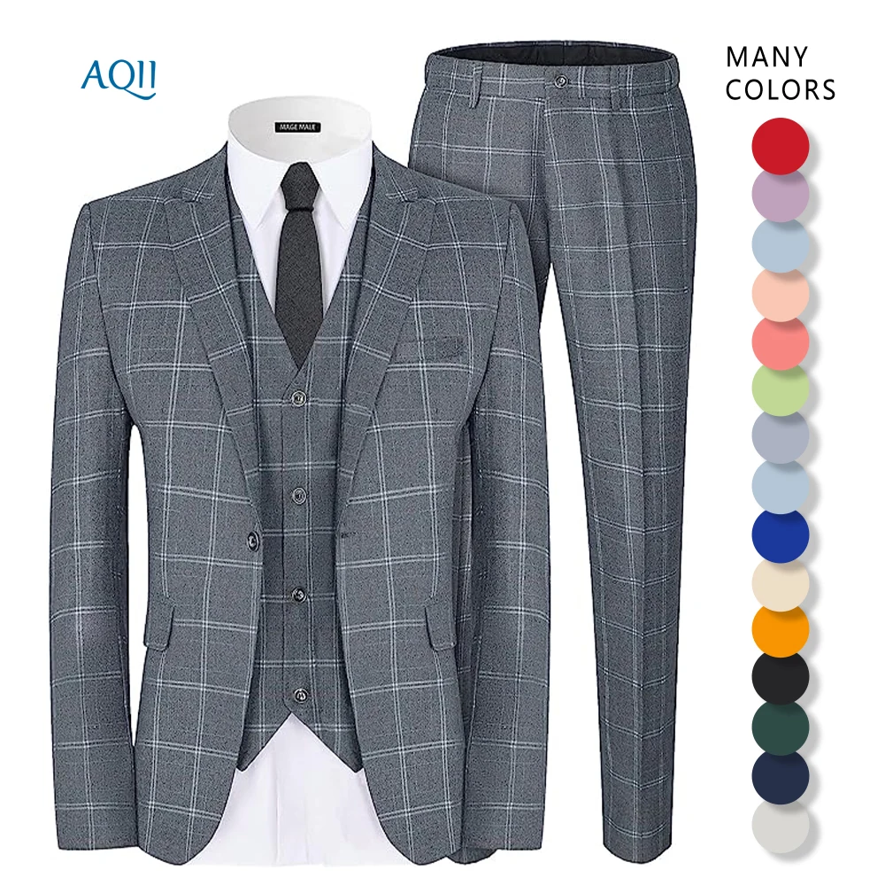 Aiqi New dark gray plaid suit formal vest three-piece host emcee dress performance singer suit