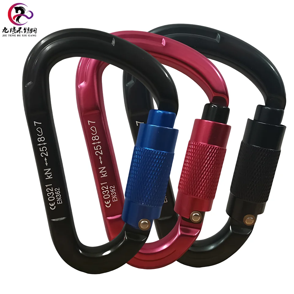 Hot Sale High Quality customized black metal clip hook spring 25KN aluminum locking climbing hammock carabiner