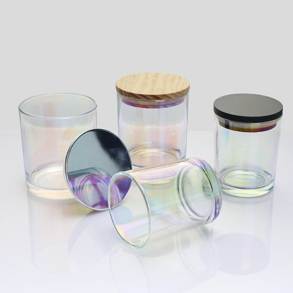 Iridescent Holographic Candle Glfrosted Glass Candle Jar With Wood Lids Candle Jars Glass With Lid