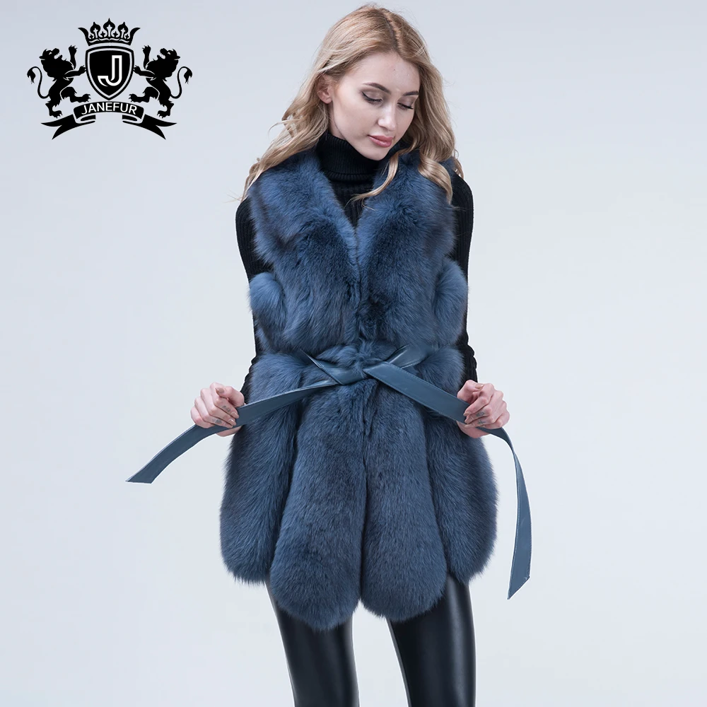 Janefur Fur Gilet Real Fox Fur Vest with Leather Belt Winter Fur Vest for Women