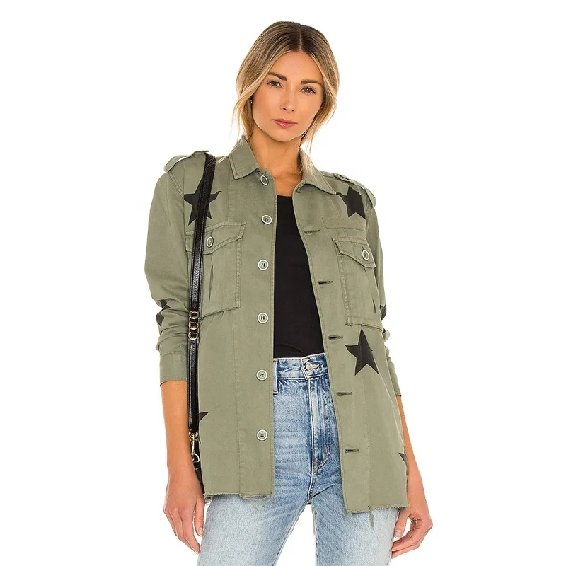 
Custom star graphics front flap pockets buttoned cuffs epaulettes denim jacket for women 