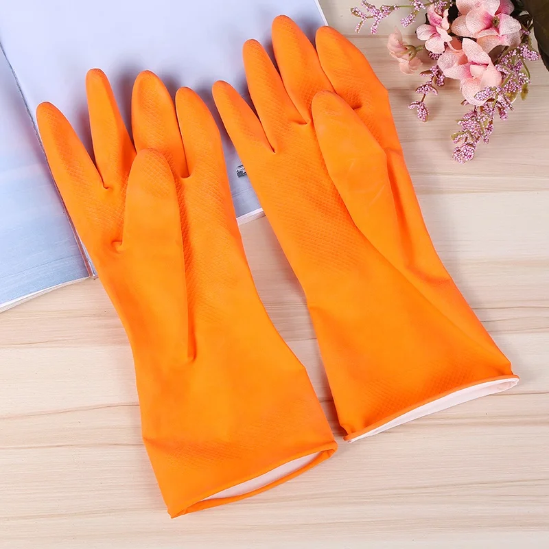 Orange Color Spray Flocklined Household Glove Professional China Manufacture Latex Rubber Gloves