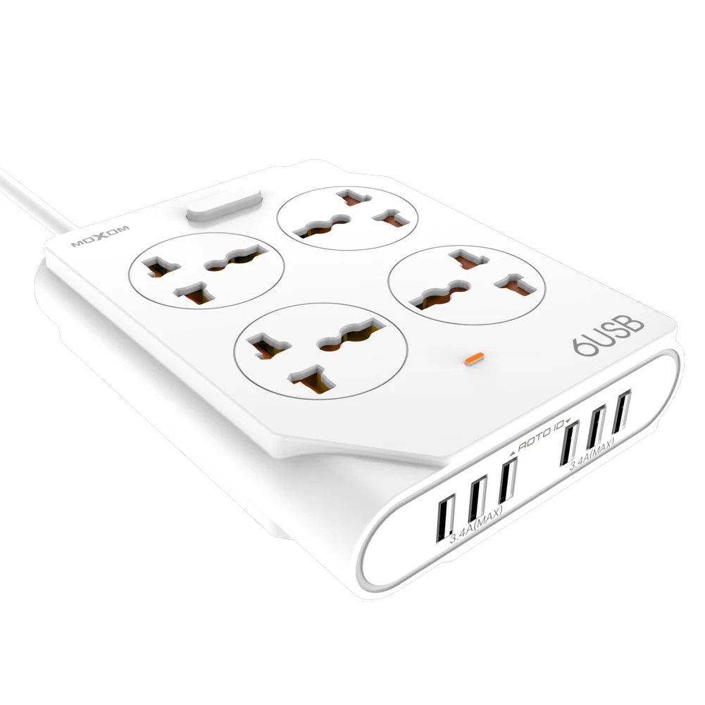 General Purpose Application 6 USB Ports 4 Way Extension Cord Socket With Switch 10A Power Strip With Fuse