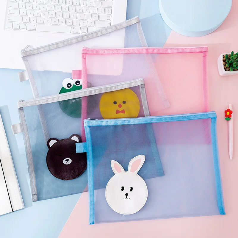 Q A4 Transparent mesh file pouch Multifunctional office file folder Student cartoon zipper pen pouch