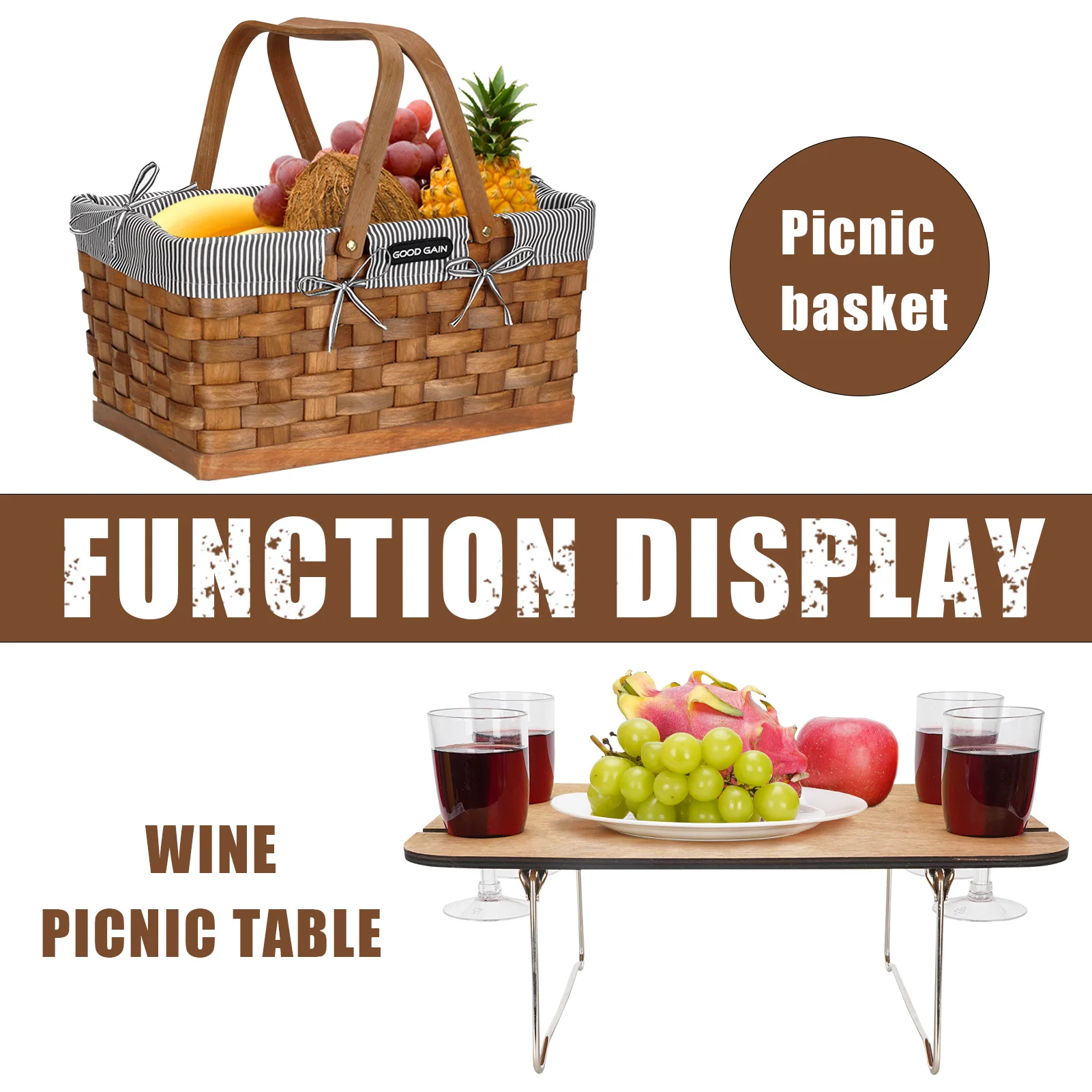 Woodchip Picnic Basket for 4 Persons with Portable Wine Table