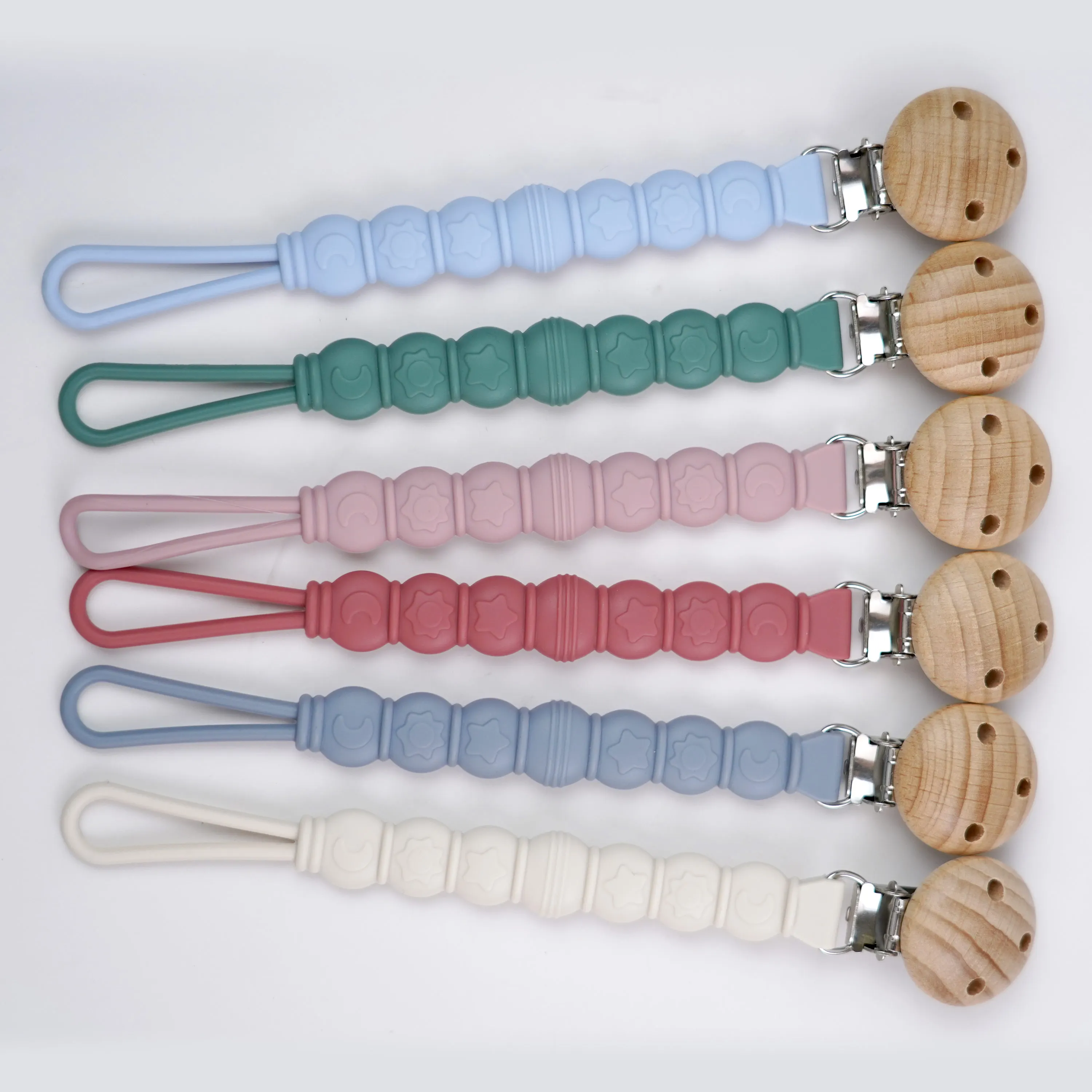 Wholesale Muti Color Bpa Free Pacifier Clip Chain Silicone Teething Baby Pacifier Wooden Clips For Kids