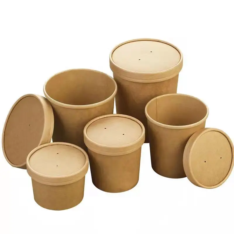 Plain High Quality Kraft Paper Bucket Cup Disposable Lunch Soup Cup Bowl with Lid
