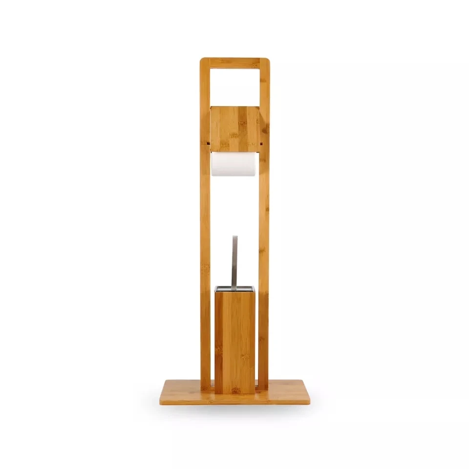 Space Saver for Bathrooms Wooden Bamboo Free Standing Toilet Tissue Paper Roll and Toilet Brush Holder