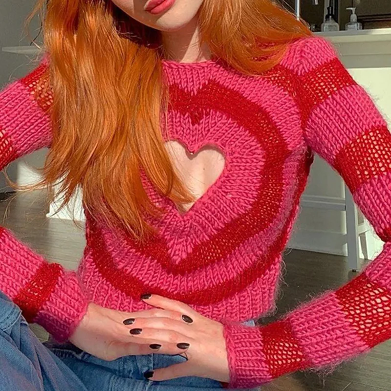 Free shipping Fashion heart hollow Designed Ladies Knitted Pullover Solid Long Sleeve O Neck Women Pullover sweet Sweater