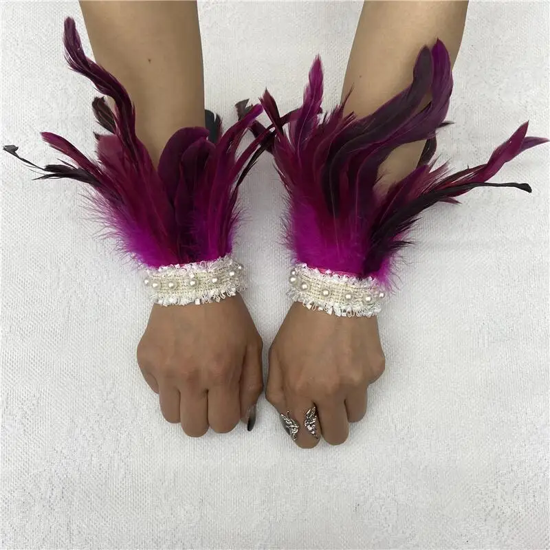 Feather Bracelet Pearl Lace Chicken Feather Bracelet Cuff Halloween Costume Accessories