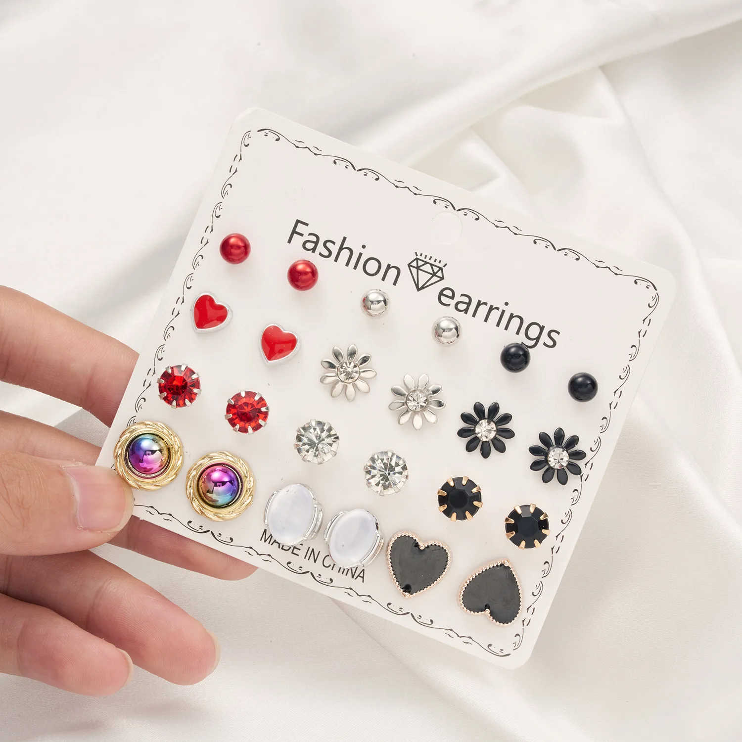 wholesale fashion jewelry 12 pairs/set love flower rhinestone pearl earrings set for women