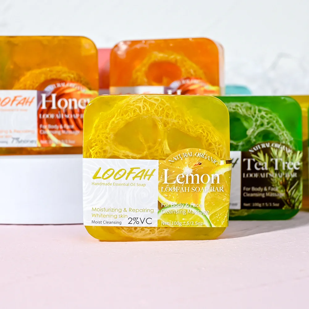 fast:delievery vegan 100g lemon Loofah Clear Soap Bar Honey Fragrance Body Care Cleaning Skin Soap for travel size