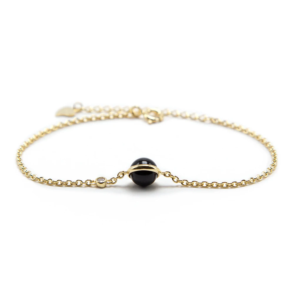Bestone 925 Sterling Silver Adjustable Chain Bracelet with 6mm Black Agate Beads Real Gold Plated Trendy Style for Gift