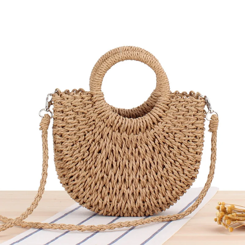 Mini Semi-circle Straw Bag Hand-woven Women Summer Retro Beach Tote Shoulder Bag Crossbody Travel Beach Bag