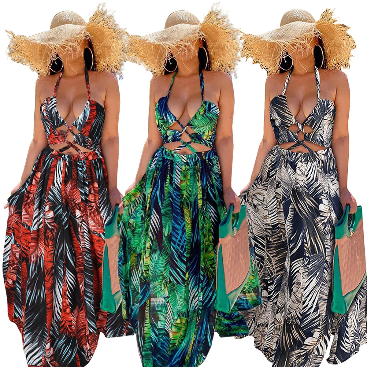 Womens Dresses 2021 new long skirt with neck, digital printing, fashion and swing dressCasual Dresses