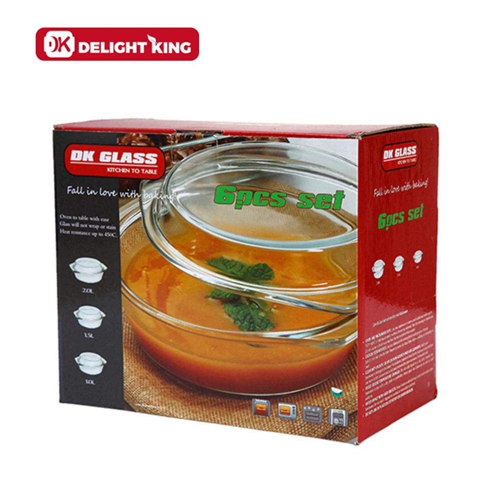 
6pcs glass pots set/ Big sizes high borosilicate glass casseroles set with handle and casserole dish pan 