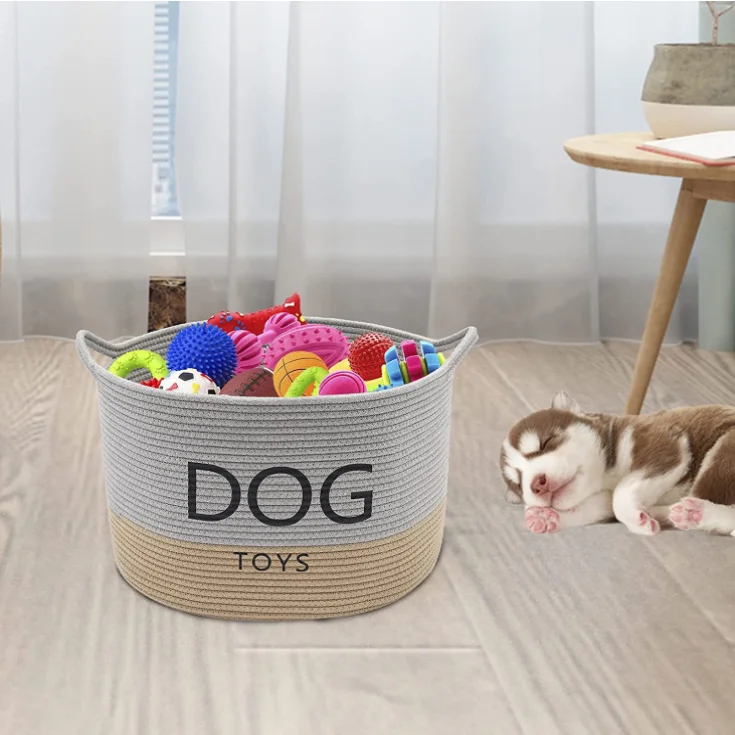 Cotton Rope Round Dog Toy Box with Handles Large Dog bin Laundry Basket Blanket Storage bin- Perfect for organizing pet Toys