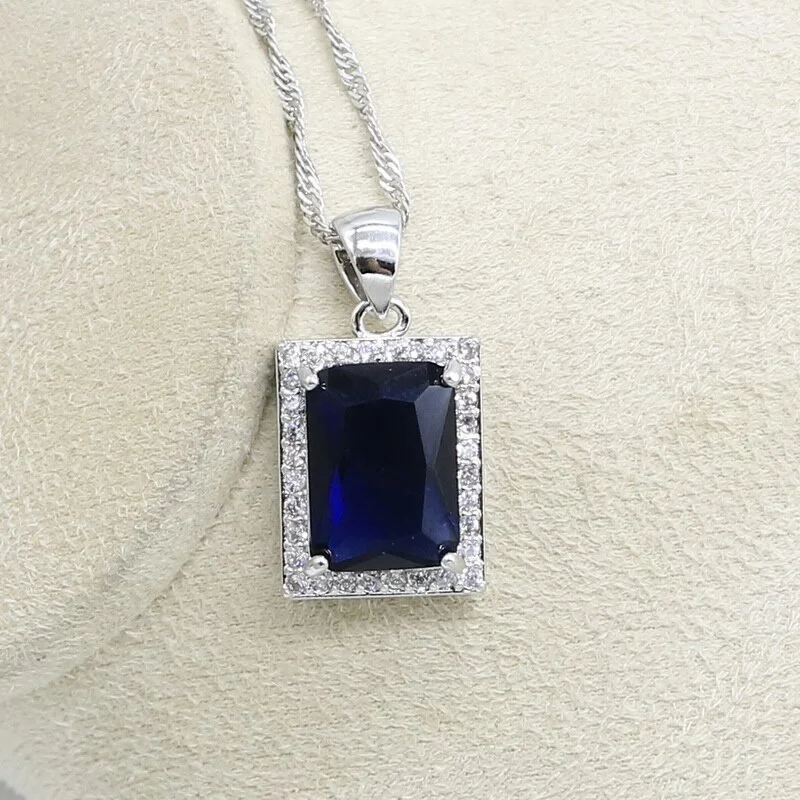 For Women Square Blue Sapphire silver jewelry wholesale Rings Bracelets Earrings Pendant Necklace custom jewelry sets