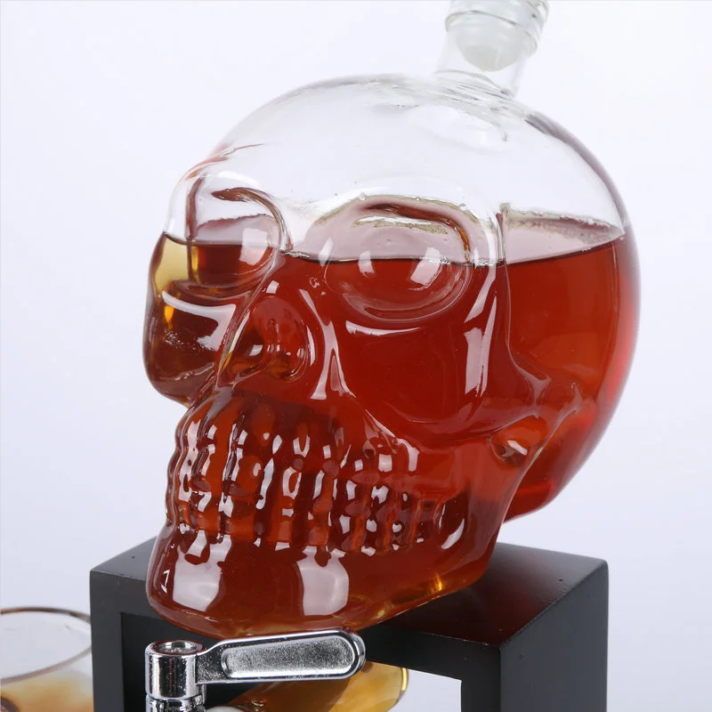 Skeleton Wine Whiskey Decanter Set 750 mL With 3oz Skeletons Shot Glasses and Mahogany Wooden Base