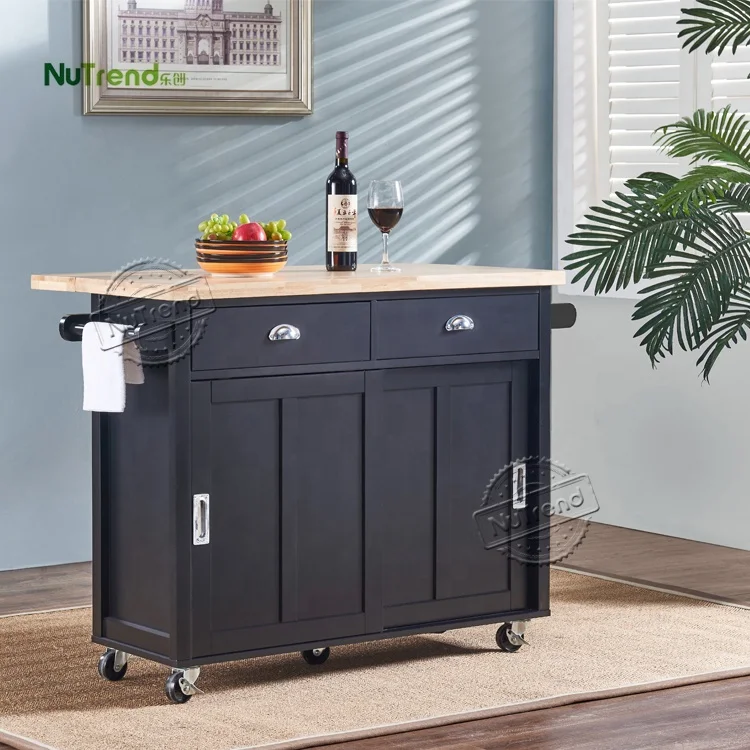 Black Wood Extendable Top Rolling Storage Trolley Cabinet on Wheels Movable Kitchen Table Islands Cart