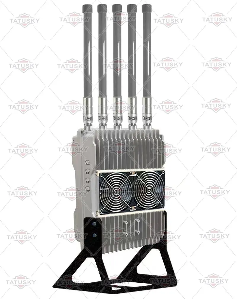 Compact 5 bands 150w anti fpv drone 700-1100mhz 2.4G 5.8G GaN counter uav 433mhz-900mhz 1.2G 1.5G 5.2G fan suppressor system