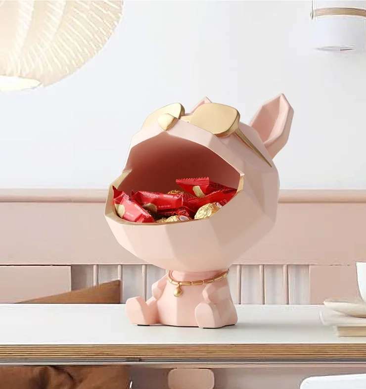 RESIN BLACK WHITE ANIMAL BIG MOUTH FRENCH BULLDOG PUPPY TRAY PLATE HOUSE DECORATIVE HOLIDAY GIFT CANDY KEY HOLDER BOX STATUES