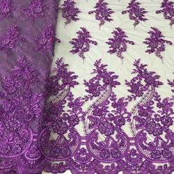 high quality purple beaded lace fabric heavy hand embroidered beaded tulle lace evening dress fabric wholesale, shaoxing fabric
