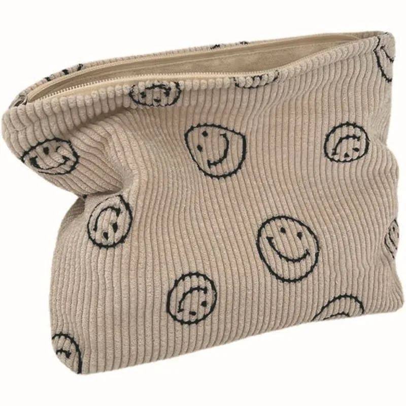 Autumn and Winter Vintage Corduroy Smiling Face Makeup Bag Lipstick Zero Money Bag Large Capacity Portable Storage Bag