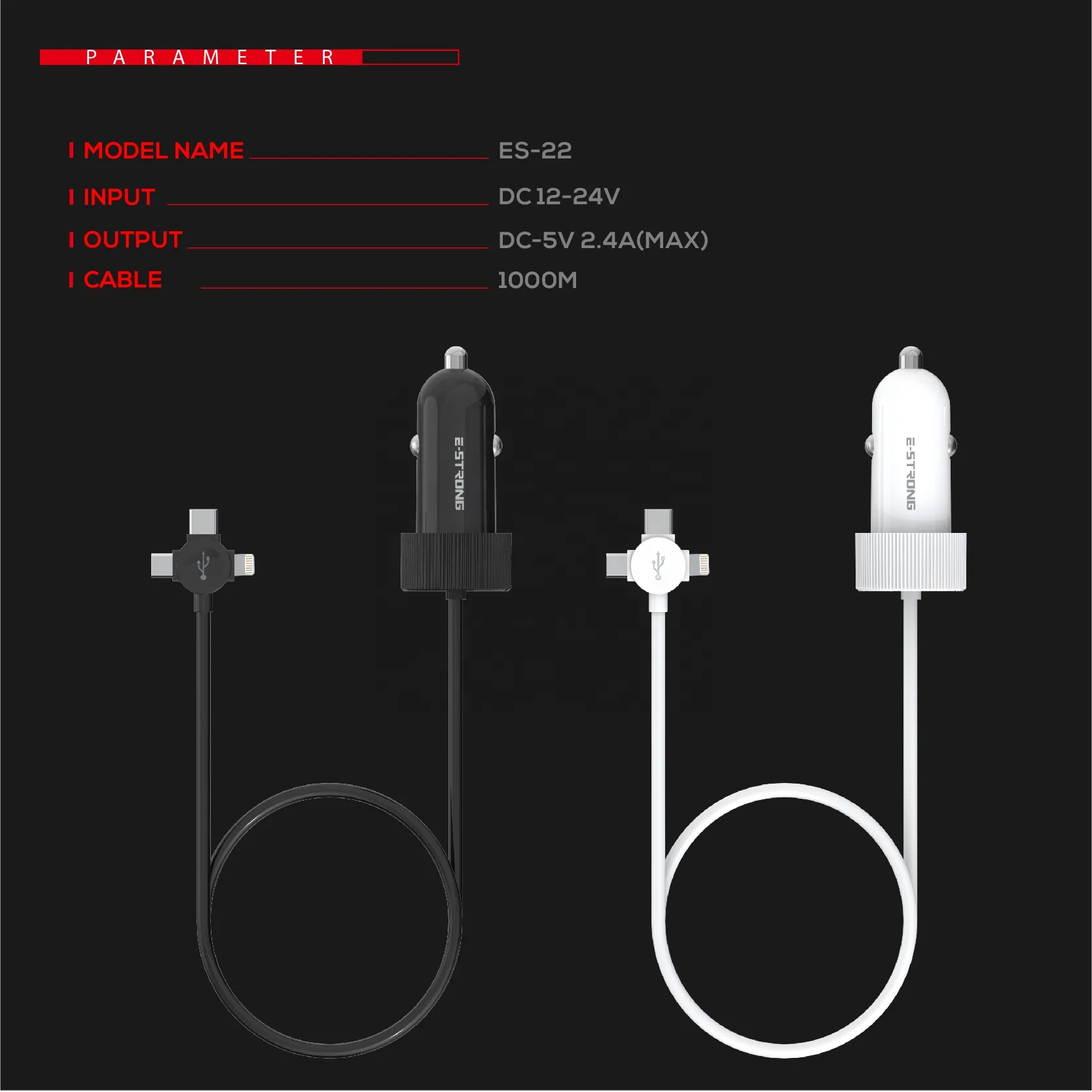 3 In 1 2.4A USB Car Charger with Cable Mobile Phone Charger 2 Port USB Fast Car Charger for iPhone Samsung