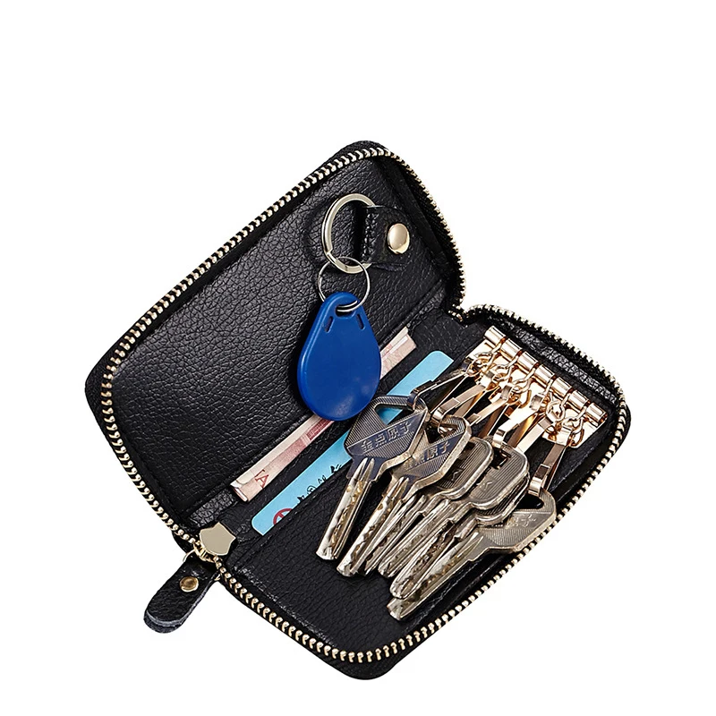 2021 Metal Hook and Keyring Zipper Bag Genuine Leather Car Smart Key Chain Keychain Holder Car Key case wallet for Remote Key
