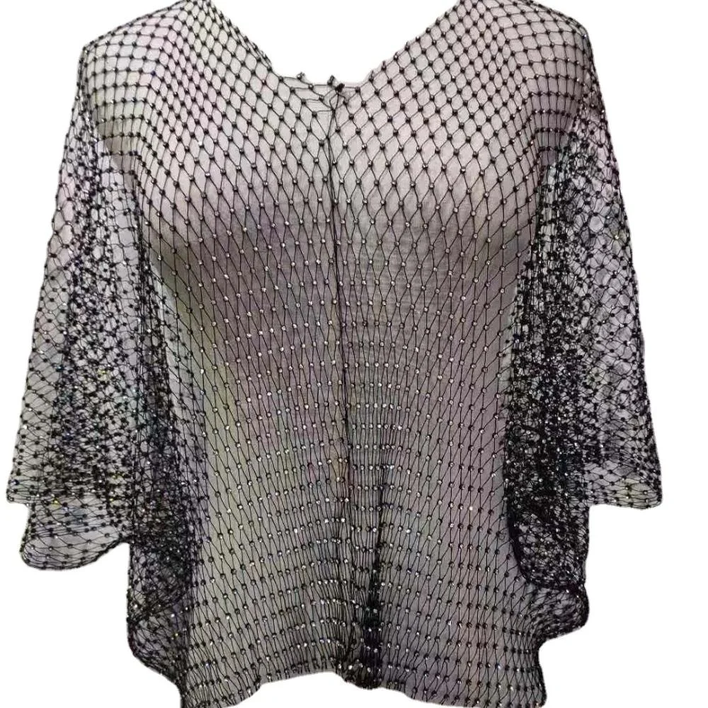 Wholesale summer black stretchable long sleeve mesh knitted lace dress beach wear for women