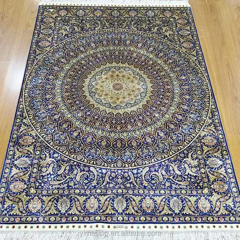 4x6 Blue Handmade Central Big Medallion Silk Rug Hand-knotted Oriental Persian Rugs for Study Room