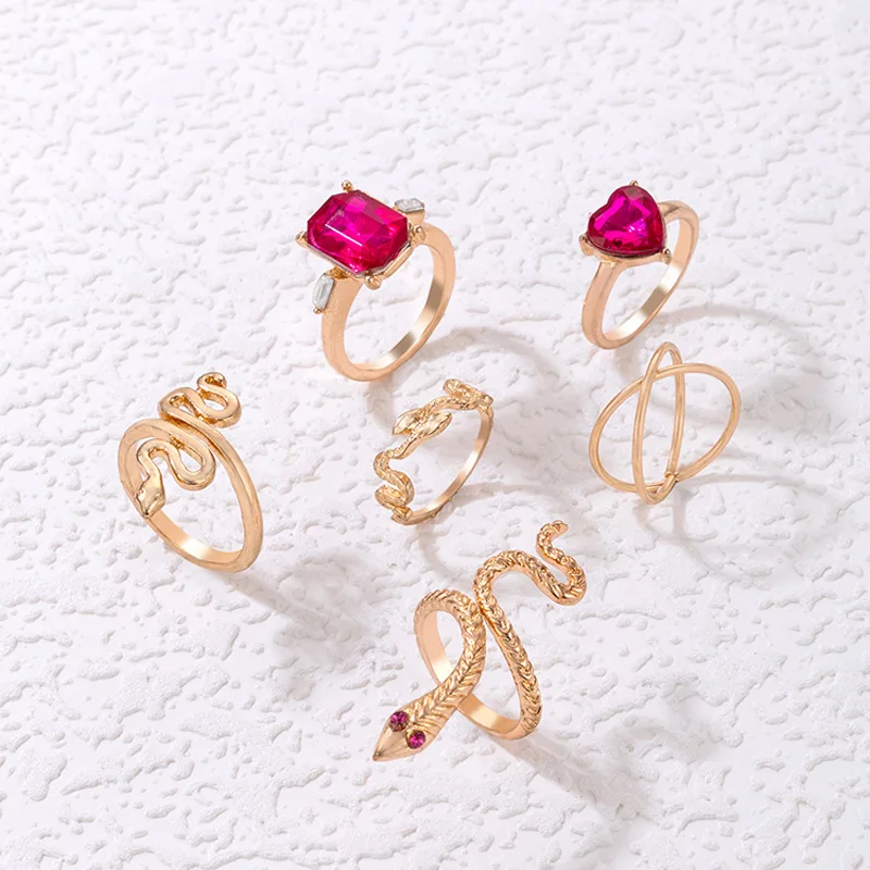 Heart and square ruby diamond inlaid serpentine cross ring 6-piece set unisex fashion six pieces ring set