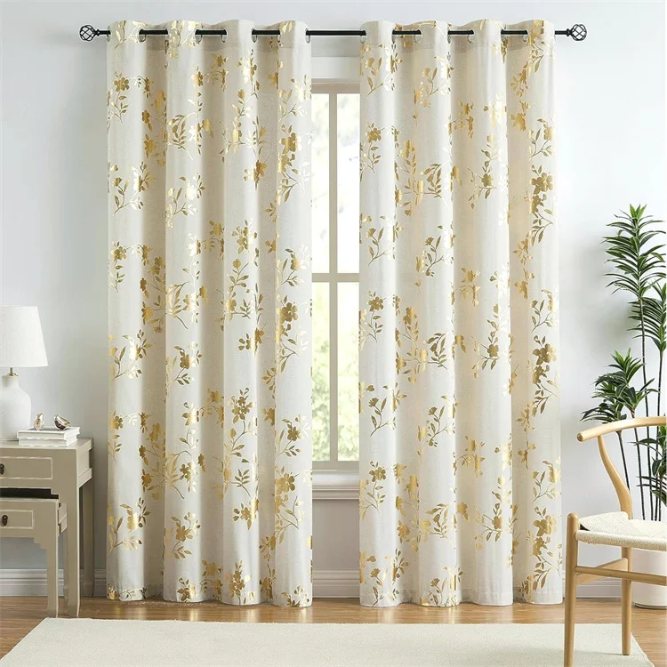 Floral Linen Sheer Curtains Gold Foil Metallic Vine Leaves Print Window Golden Bronzing rapes for Nursery Bedroom