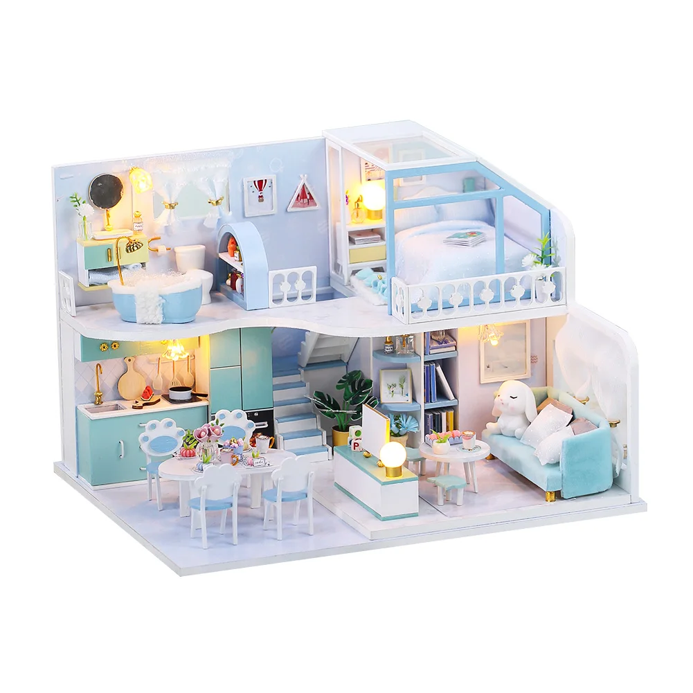 IIECREATE Wholesale New Arrival Blue Style Kids Diy Handmade Craft Miniature Doll House With Light