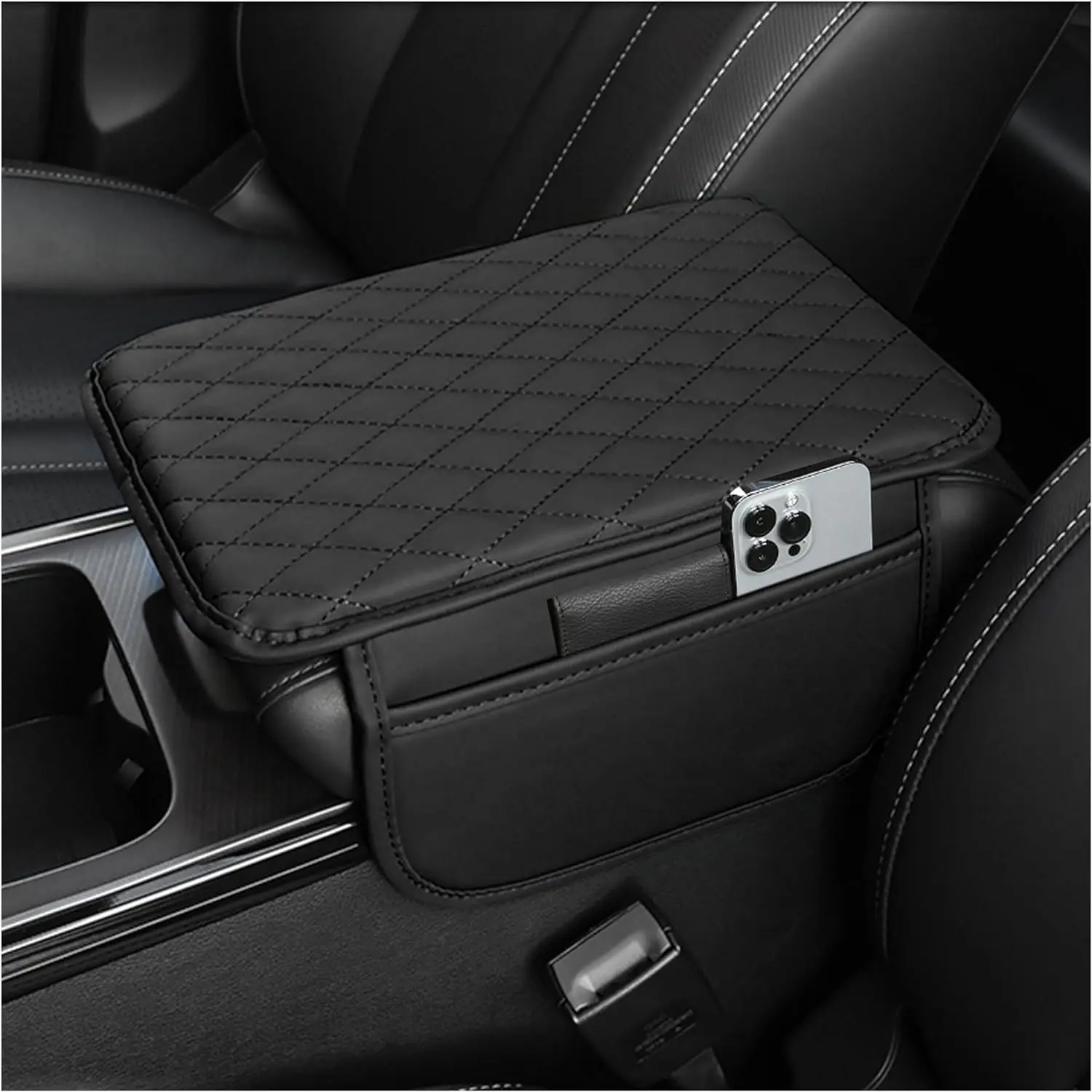 Car Center Console Cover, Microfiber Leather Car Armrest Cover Cushion with 2 Storage Bags