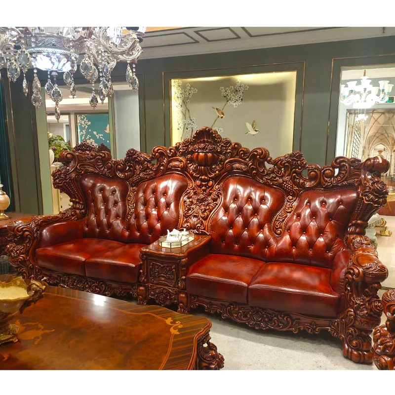 Classic wooden sofa set living room furniture,Full leather european classic luxury wooden carved sofa set