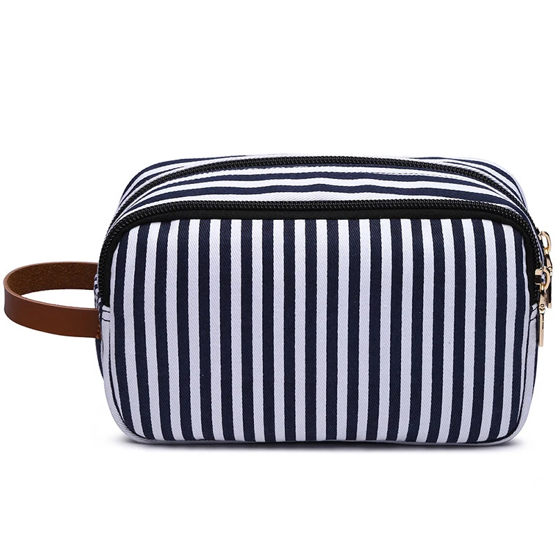 Aosheng  mens women  small blue white Striped canvas zipper travel cosmetic makeup pouch bag