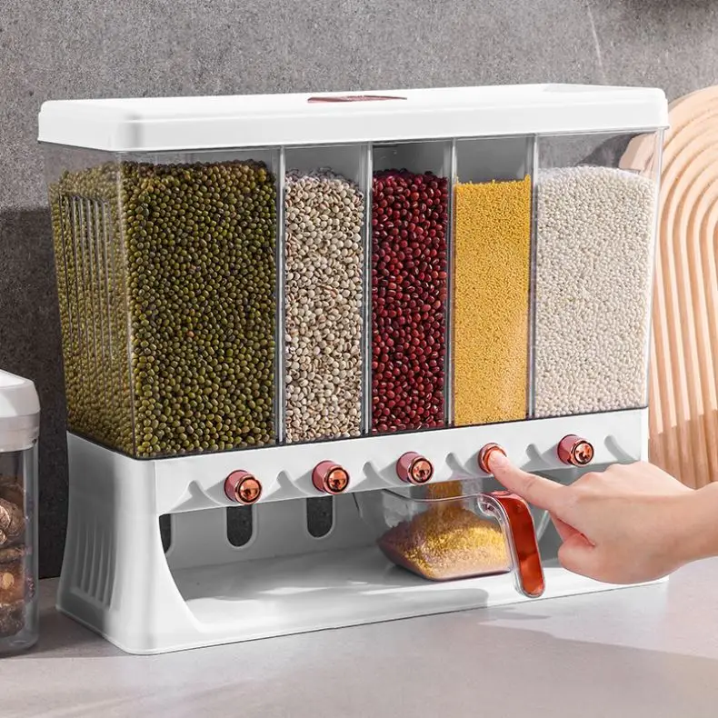 Household 5-girds Dry Food Lentils Dispensers Containers Rice Dispenser Cereal Bucket Wall Mounted Grain Storage Box
