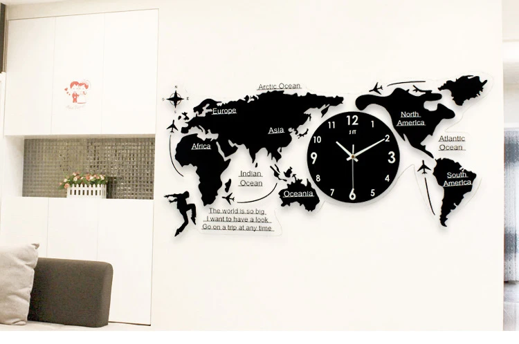 home office decor creative map design diy clear acrylic wall clock industrial