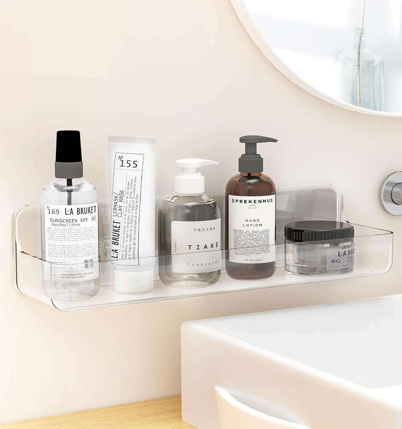 Wall Mounted Storage Holder Acrylic Shower Caddy Shelves Adhesive Wall Hanging Clear Bathroom Shower Organizer Shelf