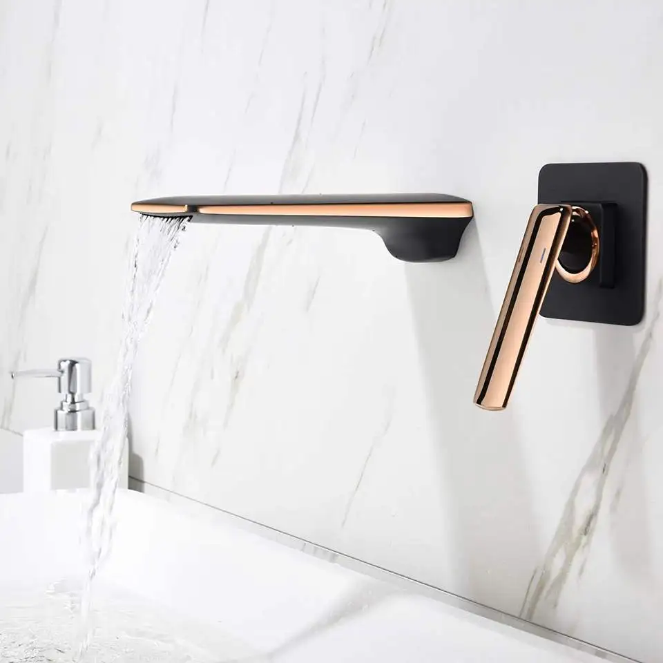 Wall Mounted Gold and White Tap Bathroom Single Handle Sink Faucet Waterfall Split Solid Brass Hot and Cold Mixer