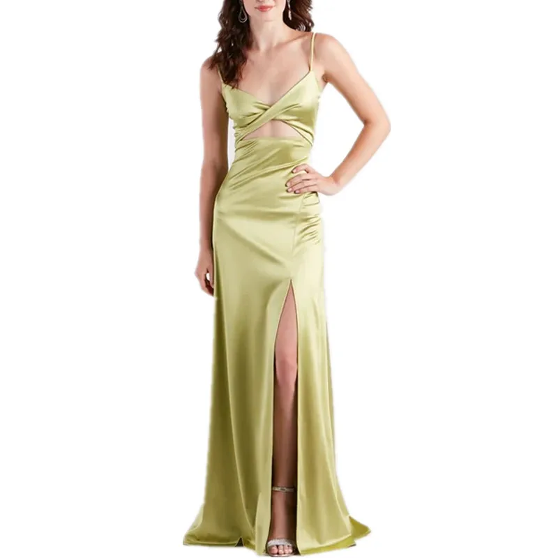 Custom front twist Cutout High Slit Green Satin cocktail Maxi formal dresses for women